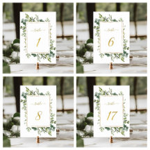 Botanical Green Wedding Gold Glitter Table Numbers