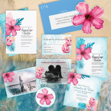 Tropical Pink Hibiscus Flowers Wedding Invitations