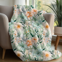 Mint Green Blush Peach Spring Floral Blanket