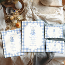 Bow Gingham French Teddy Bear Baby Shower