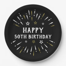 Happy 50th Birthday Fireworks Black White Gold
