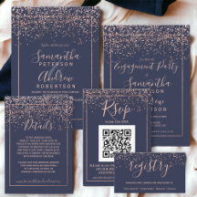 Rose gold confetti navy blue typography wedding 