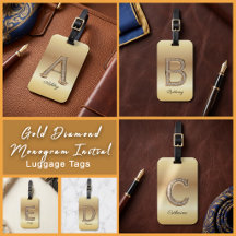Gold Faux Diamond Monogram Initial Luggage Tags
