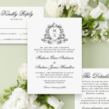 Elegant Black Floral Crest Monogram Wedding