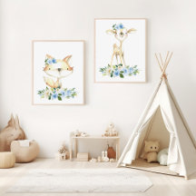 Baby Animals, Boho, Blue Flowers Nursery Prints