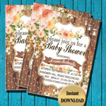 mason jars& vintage wood baby shower invitations