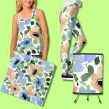 Blue, Peach, Green Watercolor Flowers