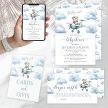 Cute blue teddy bear on airplane baby boy shower