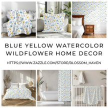 Blue Yellow Watercolor Wildflower Home Decor
