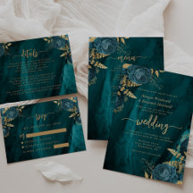 Teal Blue Gold Floral Script Wedding Suite