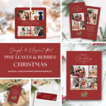 Simple Elegant Red Pine Leaves & Berries Christmas