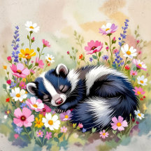 Sweet Skunk Napping in Flowers