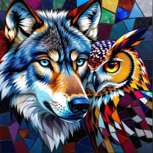 Wolf and Owl Mosaic Illustration Art