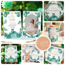 Watercolor Floral Emerald Green Dress Quinceanera