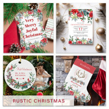 Christmas watercolor rustic floral red and green
