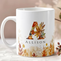 Monogram Watercolor Fall Leaves Mugs