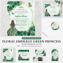 Emerald Green Gold Floral Princess Quinceañera 04a