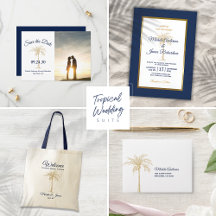 Modern Navy Blue Gold Palm Tropical Wedding Suite