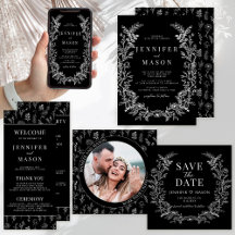 Black white bohemian floral wreath wedding