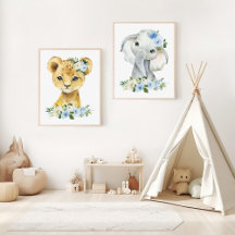 Jungle Animals, Blue Flowers Nursery Prints