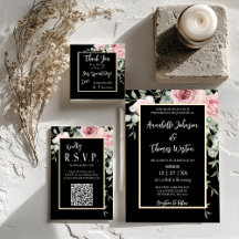 Black, Pink, and Gold Boho Floral Wedding Invite