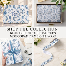 Blue French Toile Pattern Monogram Name Gift Wrap