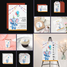 Colorful Baby Elephant with Balloons Baby Shower 