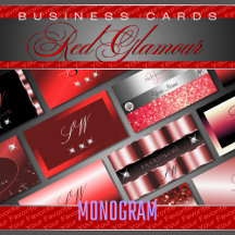 Business Cards Monogram Red Luxe Glam Glitter