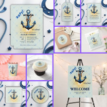 Modern Blue Ahoy! Anchor Nautical Baby Shower