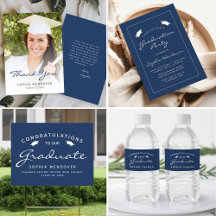 Modern Navy Blue White Script Graduation Suite