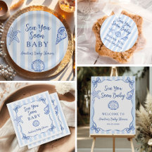 Coastal Blue Stripes Sea You Soon Baby Shower