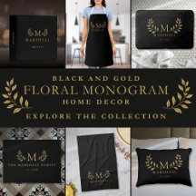 Black And Gold Floral Monogram Home Decor Suite