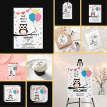 Adorable Owl with Balloons & Hearts Baby Shower