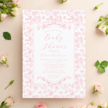 Elegant Pink Bow Vintage Floral Girl Baby Shower