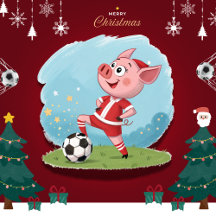 Piglet in Christmas costume and soccer ball