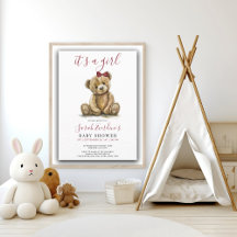 Watercolor Teddy Bear Girl Baby Shower