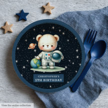 Teddy Bear Astronaut Baby Boy Paper Plates #111B