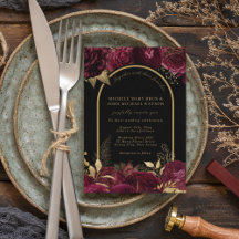 Gold Arch Dark Burgundy Roses Floral Black Wedding