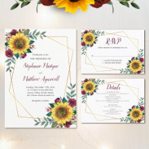 Sunflowers Burgundy Roses Geometric Wedding Suite