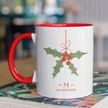 Monogram Name Christmas Holly Winter Floral