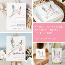 Watercolor Stork Pink Baby Shower