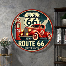 Vintage Route 66 Metal Tin Sign, classic retro car