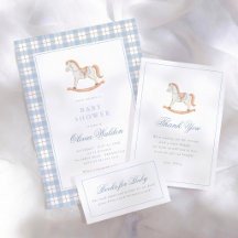 Vintage Rocking Horse Blue Gingham Baby Shower