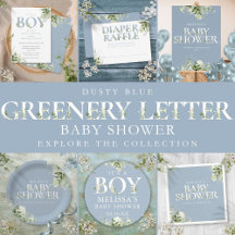 Modern Greenery Dusty Blue Boy Baby Shower