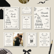 Whimsical Playful French Wedding Hand Drawn Suite