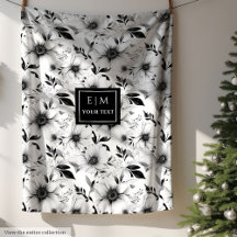 Neutral Black and White Flowers Blankets