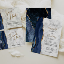 Navy Blue Gold Agate Marble Script Wedding Suite