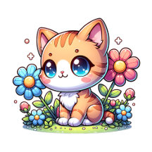  Cute Chibi Cat in Flowers Cartoon