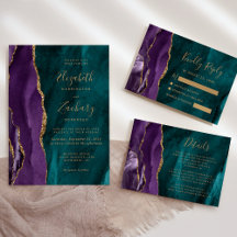 Purple Gold Teal Watercolor Agate Wedding Suite
