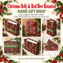 Christmas Holly and Red Bow Botanical Gift Wrap